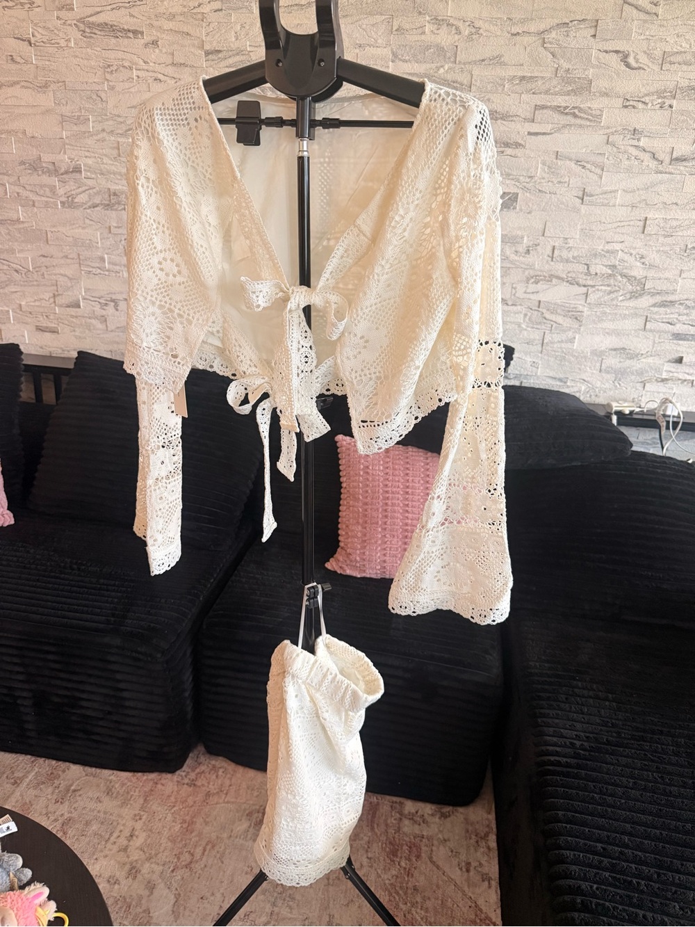 Cream Crochet Tie-Front Top and Skirt